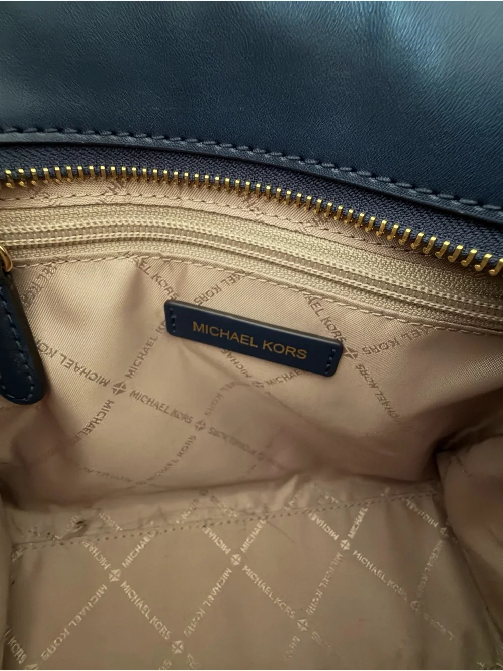 Michael Kors Navy Pebbled Leather Satchel with Gold Hardware